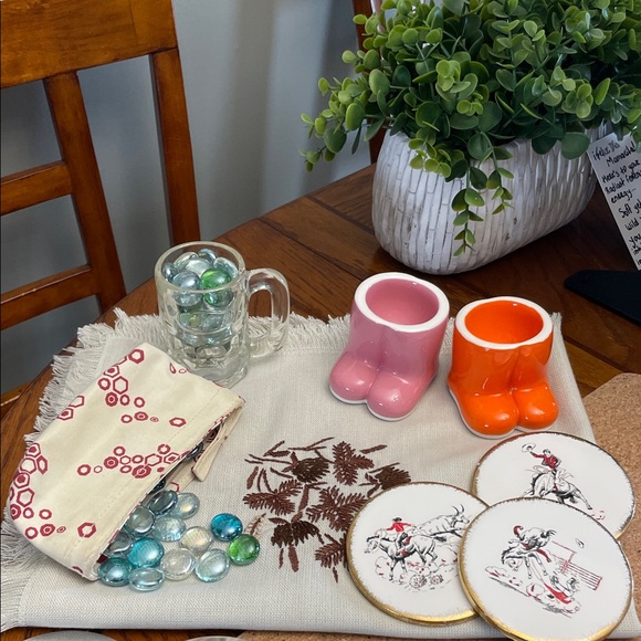 Vintage Kitchen Egg Cups, Ceramic Coasters, Embroidered Tablecloth, A&W Mini Cup - Picture 6 of 9